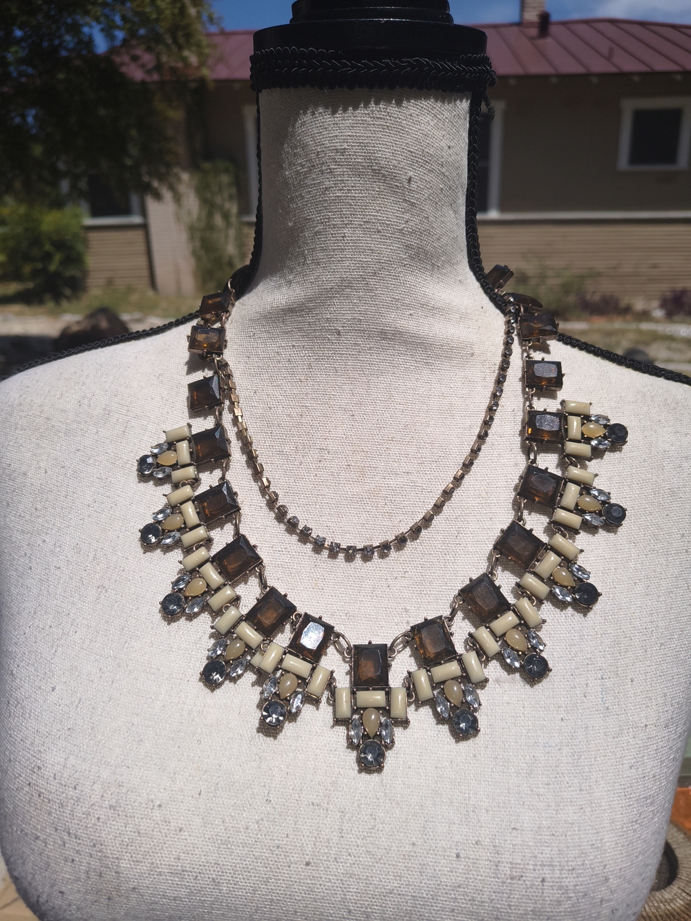 Statement Beige and Brown Crystal Bib Necklace by